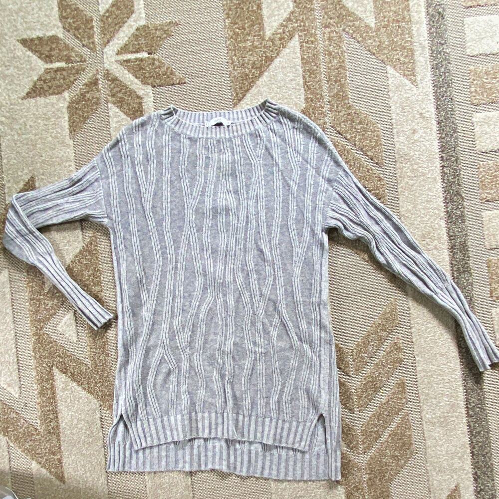 Vince. Gray/White Striped Rib-Knit Crew Neck Long Sleeve Sweater Women XS